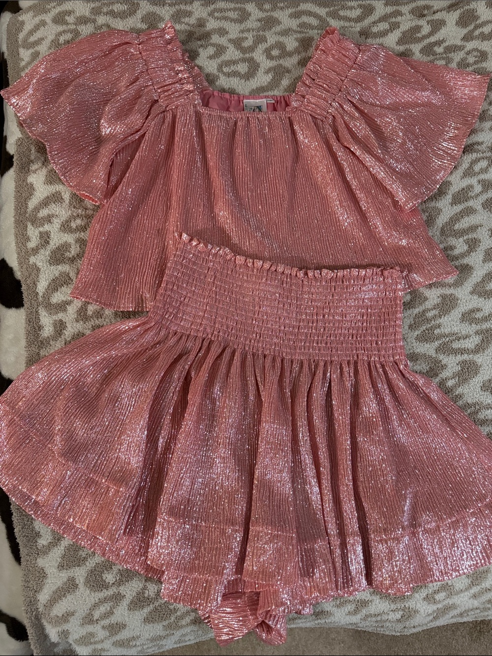 QUEEN OF SPARKLES Metallic Rose champagne  Pink Two-Piece Skirt Set